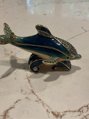 Blue Jeweled Dolphin Trinket Box Figurine
